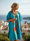 Women’s Sea Blue Cotton Midi Kaftan Dress | Embroidered Oversized Tunic L-2X