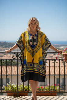  Women’s Short Kaftan – Yellow & Blue Boho Dress | Breezy Summer Beach Cover-Up  L-2XL