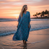 Light Blue Floral Maxi Kaftan – Boho Beach Cover-Up Tunic Dress for Women, One size