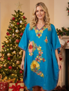 Blue Embroidered Caftan Dress – Butterfly Sleeve Cruise Kaftan Short Dress L-2X