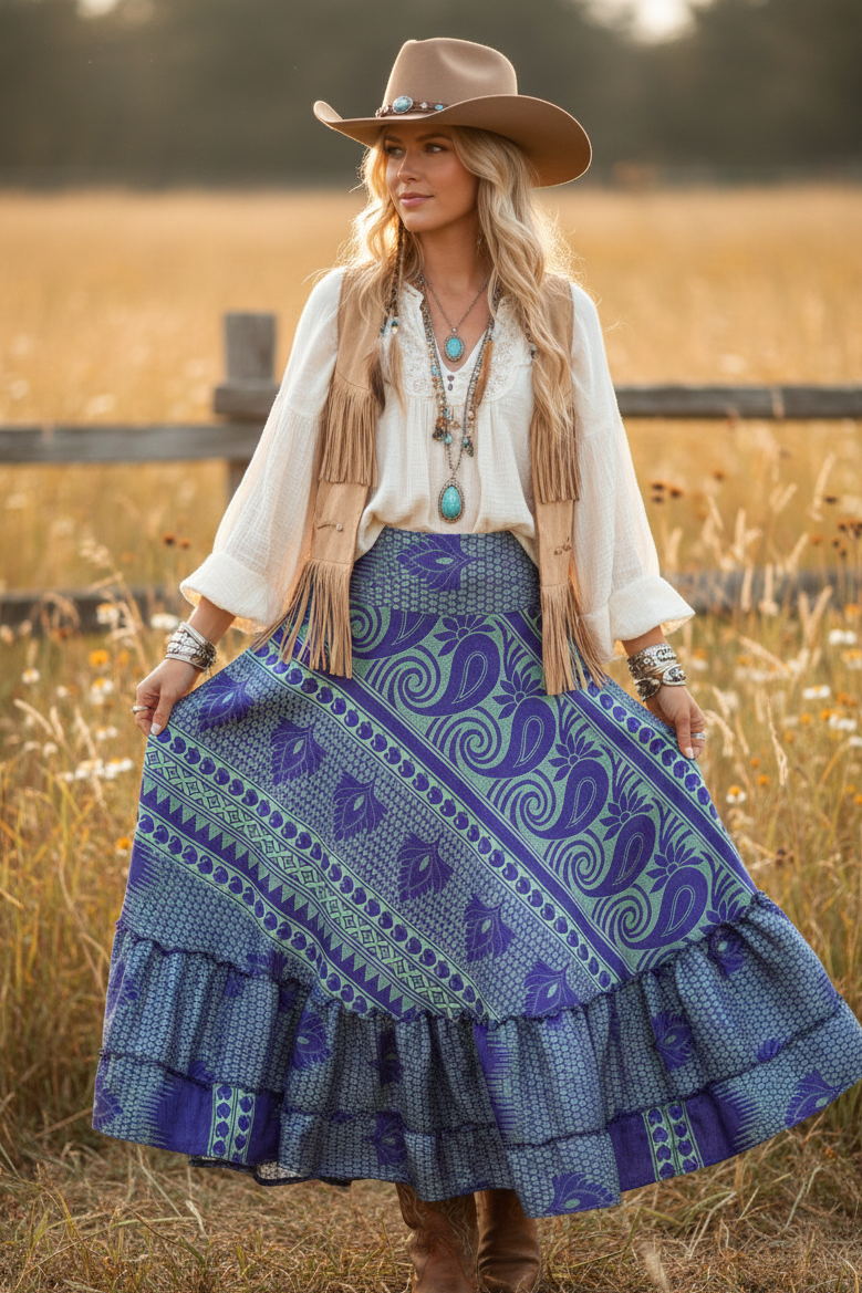 Women's Purple Floral Paisley Maxi Skirt | Flowy Long Boho Skirt ML