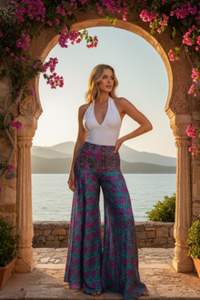  Women's Purple & Blue Boho Palazzo – Handmade Flowy Wide-Leg Bohemian Pants SM