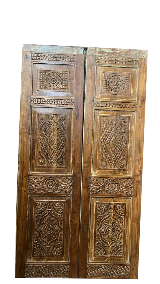 Antique Carved Double Door Brass Studs Wooden Barn Door 77