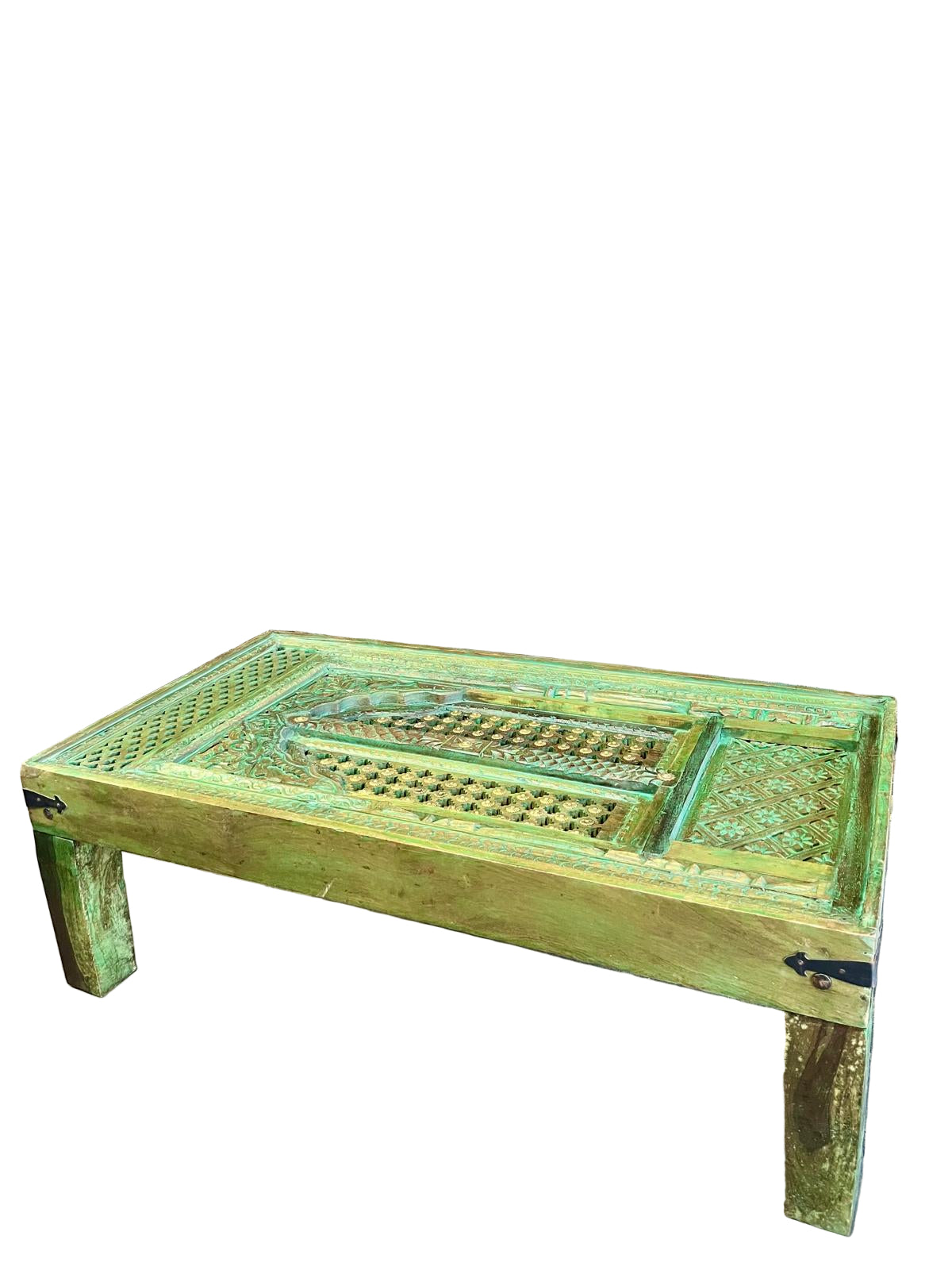 Antique Carved Door Coffee Table – Rustic Green Accent Table | Vintage Modern Furniture