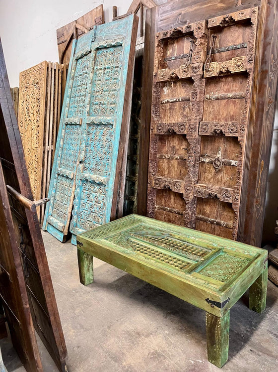 Antique Carved Door Coffee Table Rustic Green Old Door Accent Table