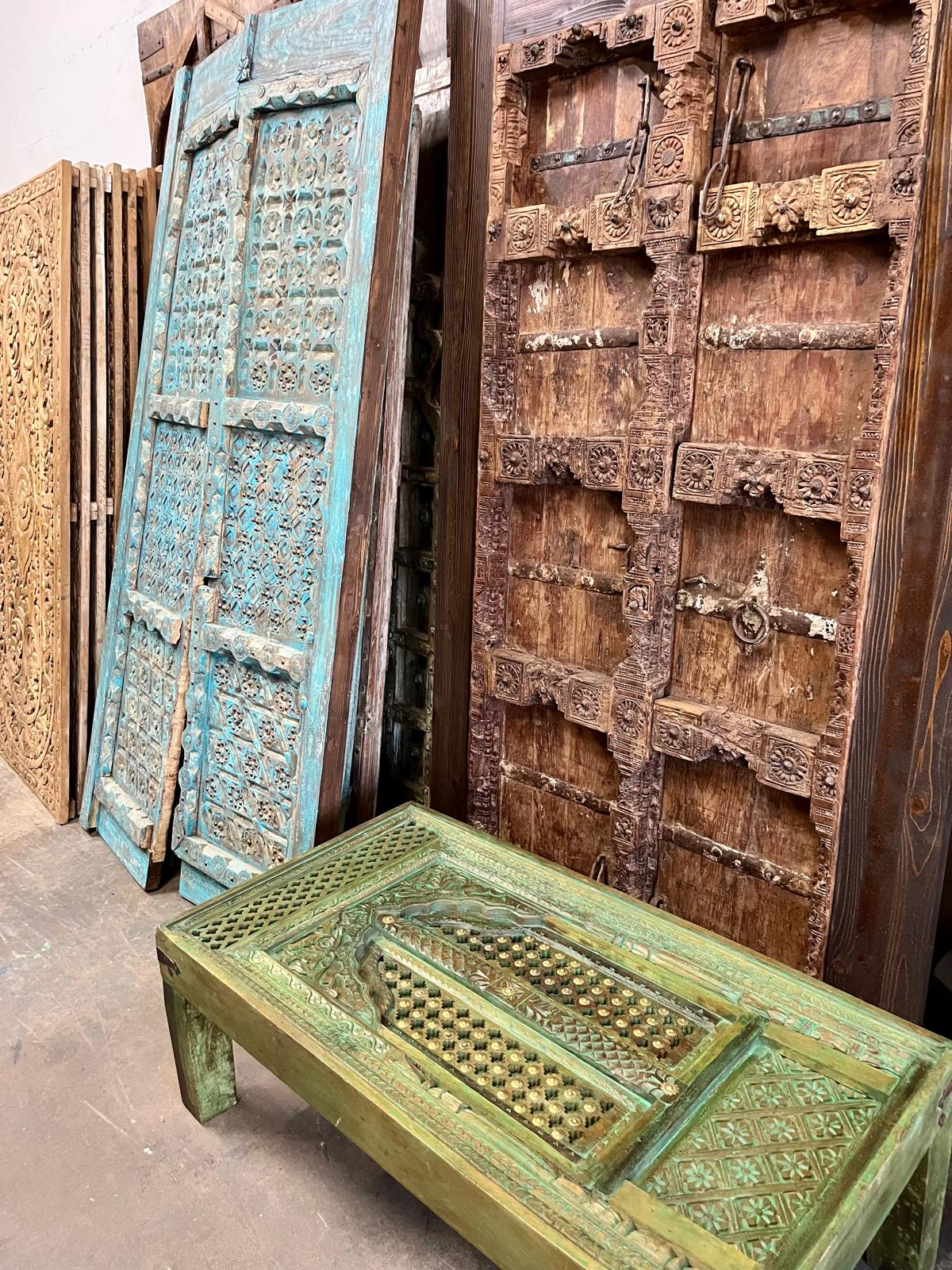 Antique Carved Door Coffee Table – Rustic Green Accent Table | Vintage Modern Furniture