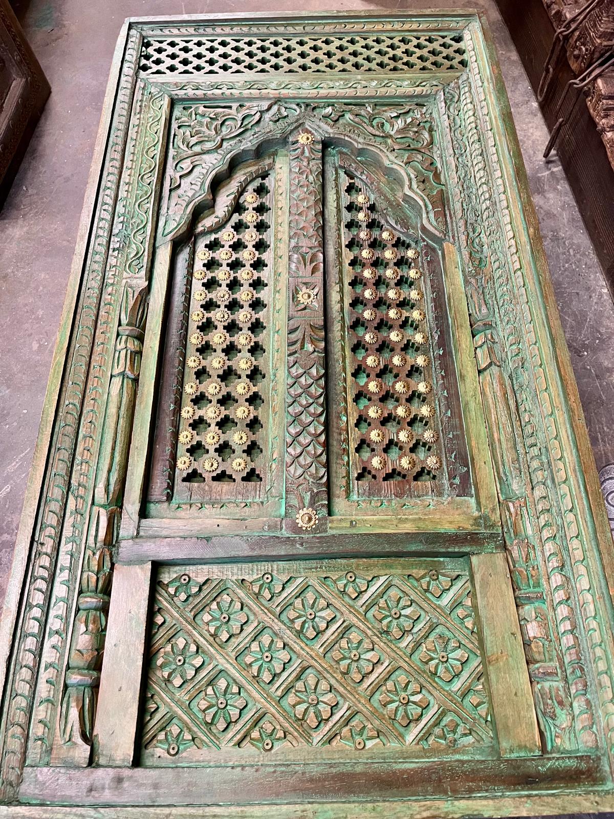 Antique Carved Door Coffee Table – Rustic Green Accent Table | Vintage Modern Furniture