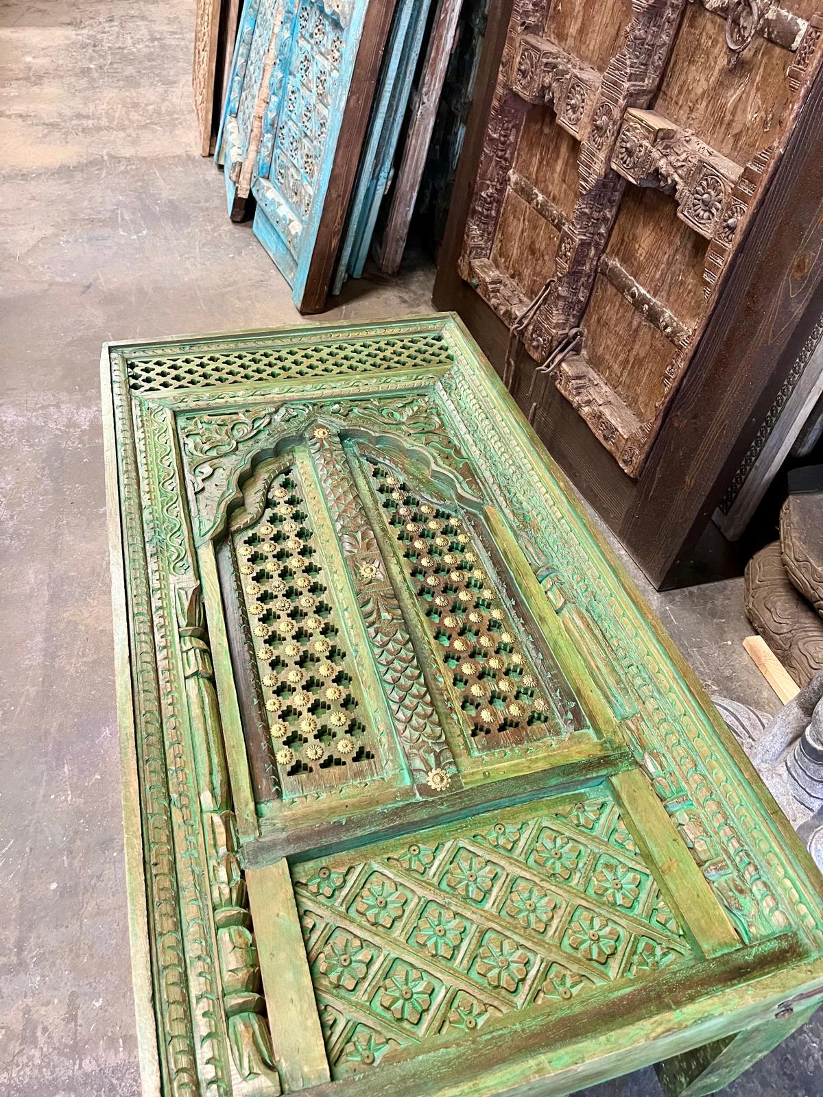 Antique Carved Door Coffee Table – Rustic Green Accent Table | Vintage Modern Furniture