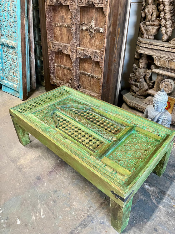 Antique Carved Door Coffee Table Rustic Green Old Door Accent Table