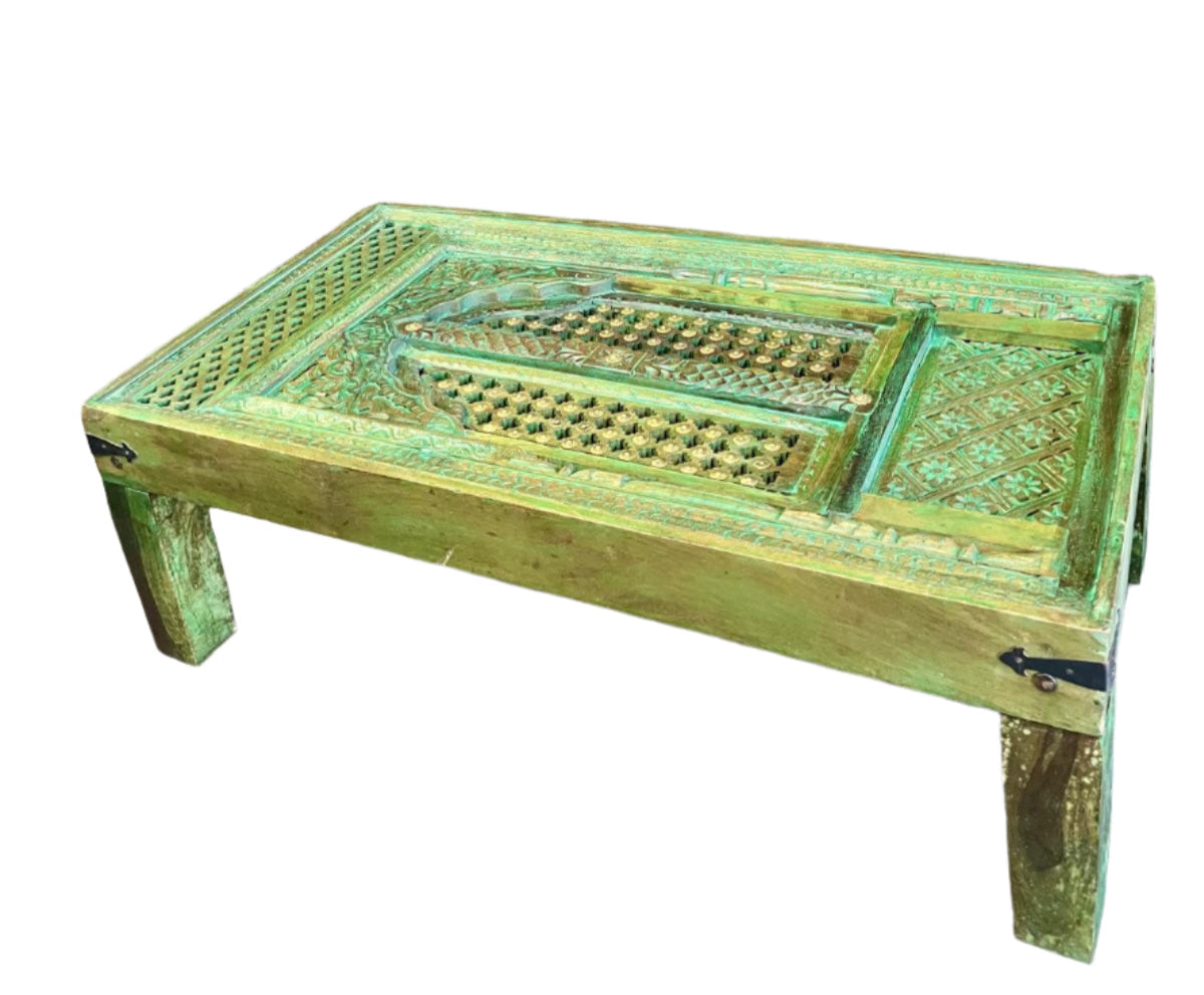 Antique Carved Door Coffee Table – Rustic Green Accent Table | Vintage Modern Furniture
