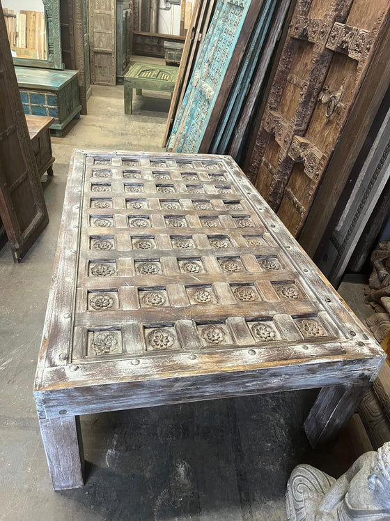 Antique Lotus Carved Coffee Table Whitewash Hand Carved Hall Table