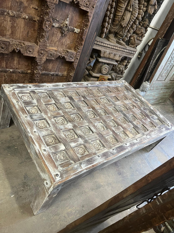 Antique Lotus Carved Coffee Table Whitewash Hand Carved Hall Table