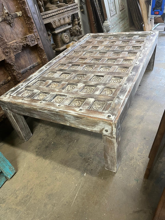 Antique Lotus Carved Coffee Table Whitewash Hand Carved Hall Table