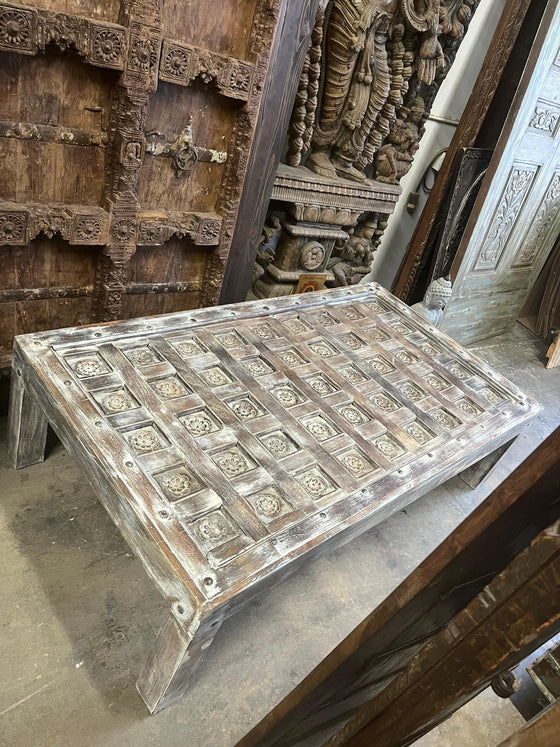 Antique Lotus Carved Coffee Table Whitewash Hand Carved Hall Table