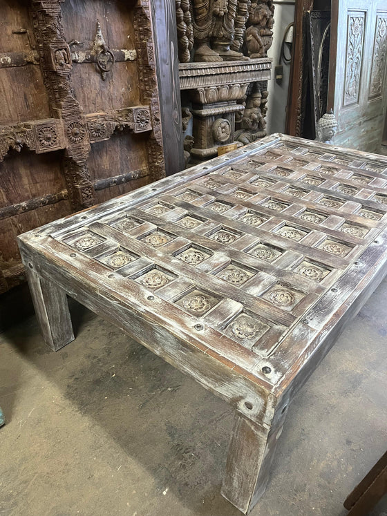 Antique Lotus Carved Coffee Table Whitewash Hand Carved Hall Table
