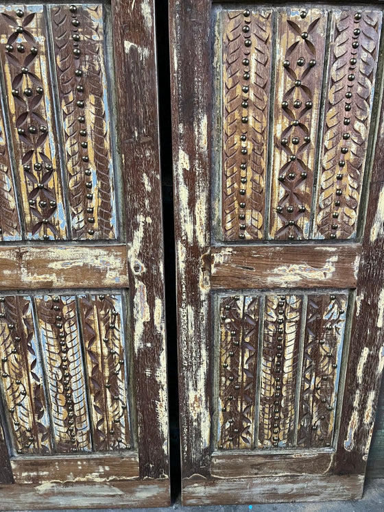 Antique Double Doors Rustic Brass Studs Carved Wooden Barn Doors 80