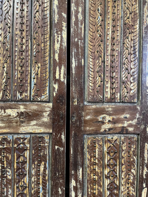 Antique Double Doors Rustic Brass Studs Carved Wooden Barn Doors 80