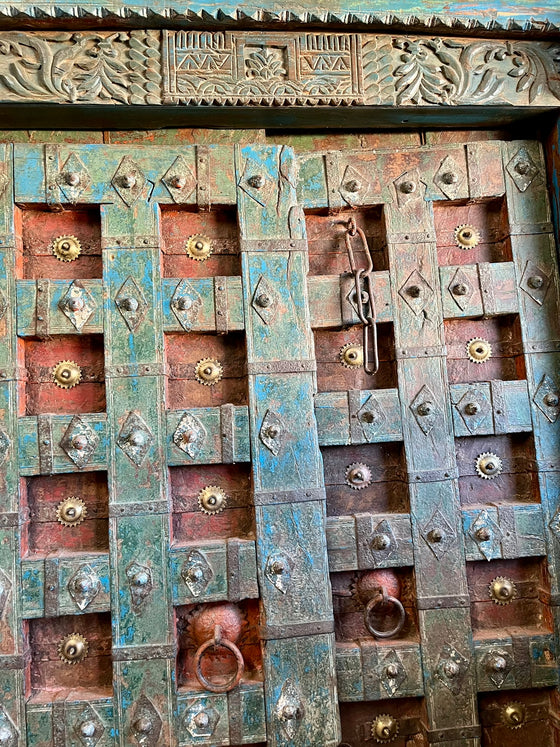 Antique Indian Door Rustic Blue Carved Vintage Teak Door with Frame 84