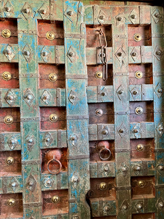 Antique Indian Door Rustic Blue Carved Vintage Teak Door with Frame 84