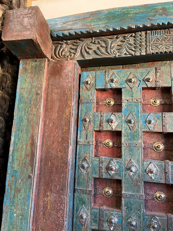 Antique Indian Door Rustic Blue Carved Vintage Teak Door with Frame 84