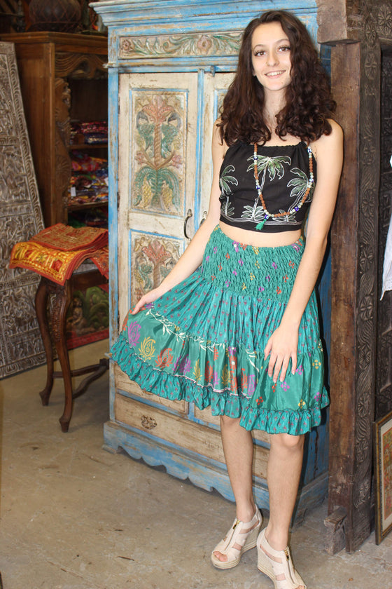 Womens Summer Skirt, Multi Yellow Beach Hippy Recycle Silk Sari Gypsy Skirts S/M