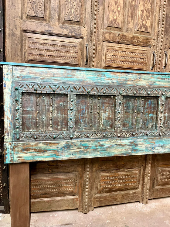 Antique Blue Door Headboard, Vintage Door King Headboard, Sliding Door