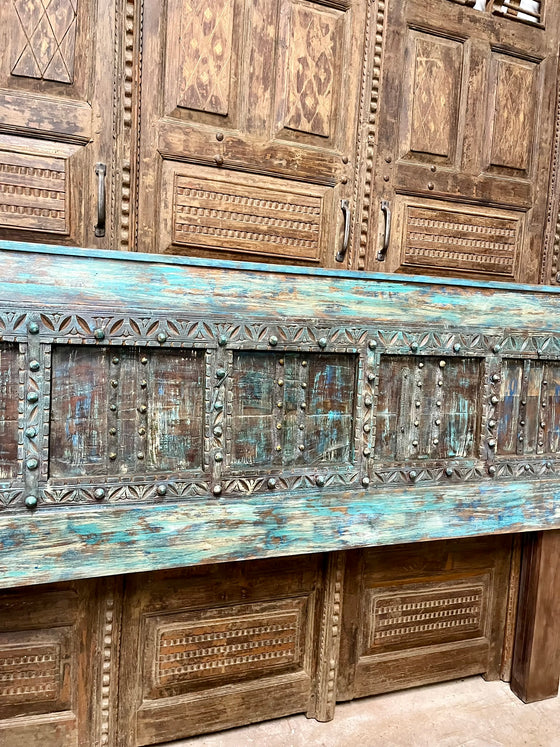 Antique Blue Door Headboard, Vintage Door King Headboard, Sliding Door