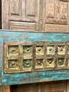 Vintage Door Headboard, Green hues, Brass Medallions King Headboard