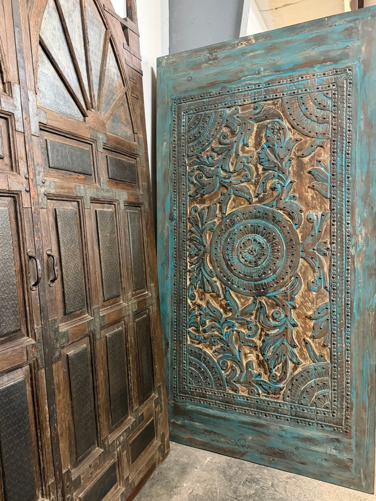 Vintage Lotus Mandala Carved Door with Brass Studs | Rustic Barn Door