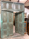 Antique Green Carved Door Teak Wood Double Door Hinged Garden Door 98x69