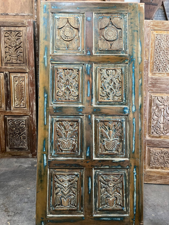 Vintage Carved Door Blue Wood Farmhouse Sliding Barndoor Pantry Door 80