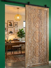 Hand-Carved Lotus Mandala Entry Door Whitewashed Double Side Carved Door 