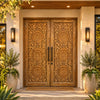 Hand-Carved Lotus Mandala Entry Door Whitewashed Double Side Carved Door 85x41.5