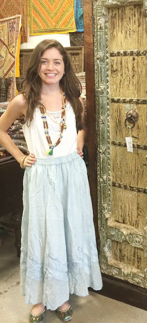 Ivory Renaissance Long Skirt, Blue Check Print Embroidery Hippie Skirt S/M/L