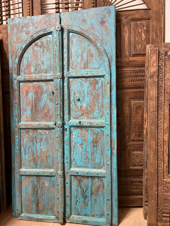 Antique Rustic Arched Door Teak Wood Blue Patina Garden Gates 87x46