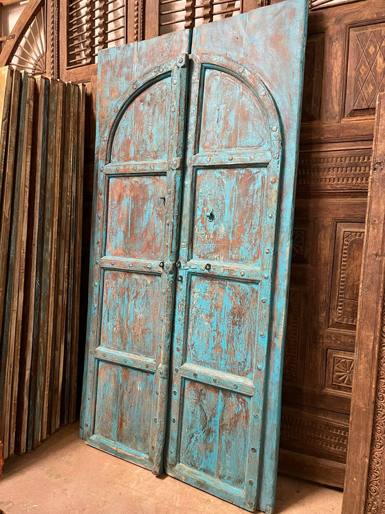 Antique Rustic Arched Door Teak Wood Blue Patina Garden Gates 87x46