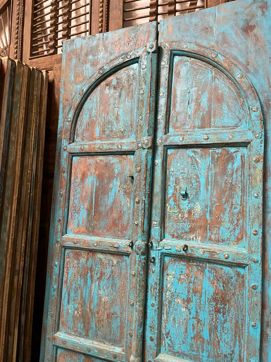Antique Rustic Arched Door Teak Wood Blue Patina Garden Gates 87x46