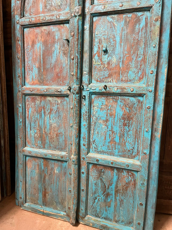 Antique Rustic Arched Door Teak Wood Blue Patina Garden Gates 87x46