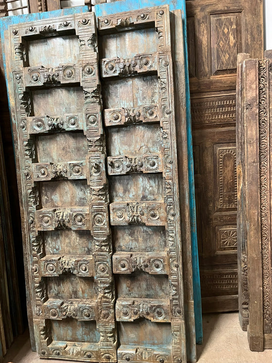 Antique Hand Carved Door Blue Rustic Farmhouse Teak Barn Door 84