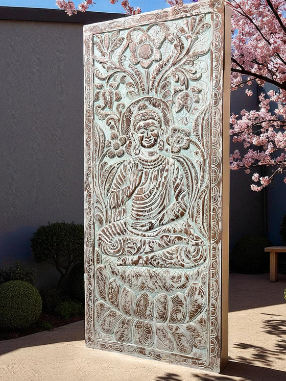 Carved Wall Decor Reclaimed Wood Blue Vitarka Buddha Sculpture