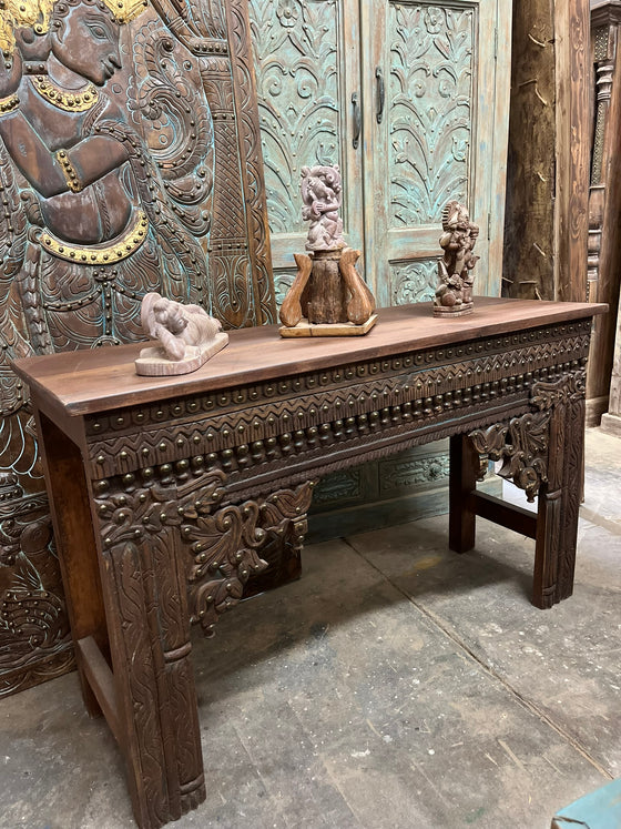 Ornate Carved Console Table with Brass Studs – Vintage Entryway | Mogul Interior 48