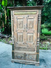  Antique Whitewash Carved Armoire with Brass Accents – Elegant Liquor Cabinet 70x39
