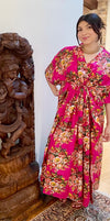 Womens Caftan Maxi Dress, Cotton Pink Floral Printed Lounger Beach Coverup 3X
