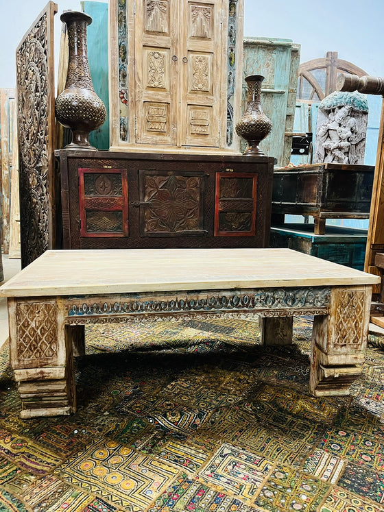 Vintage Reclaimed Wood Coffee Table with Carved Legs 46