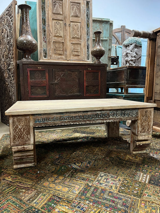 Vintage Reclaimed Wood Coffee Table with Carved Legs 46
