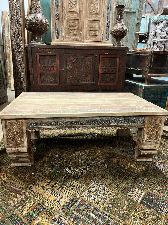 Vintage Reclaimed Wood Coffee Table with Carved Legs 46