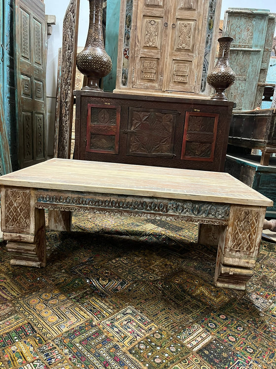 Vintage Reclaimed Wood Coffee Table with Carved Legs 46