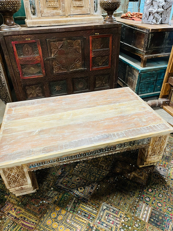 Vintage Reclaimed Wood Coffee Table with Carved Legs 46