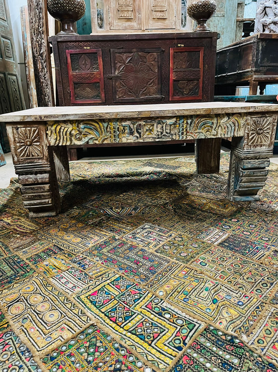Vintage Ornate Carved Coffee Table with Colorful Detail