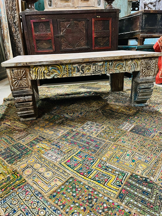 Vintage Ornate Carved Coffee Table with Colorful Detail